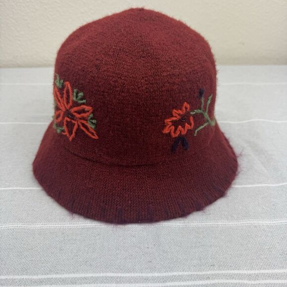 Vintage 90s Y2K Gap Wool Blend Floral Embroidered Boho Bucket Hat Maroon S/M - Picture 5 of 8